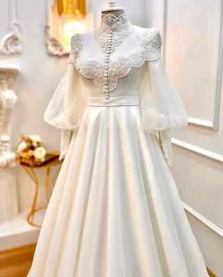 Lace Princess Muslim Wedding Dresses High Neck Turkey Bridal Gowns Puffy Sleeves - Image 1 of 4