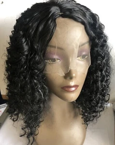 Cherish Parrucca Capelli Naturali Ricci Media Corti Frontali in Pizzo Sintetico - Nero - Foto 1 di 6