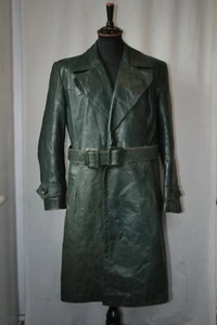Vtg RE BE Green German Police heavy leather trench great coat size Large revival - Picture 1 of 16