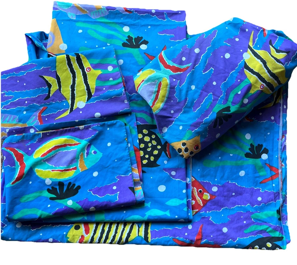 80 年代鱼双张套装弹簧礁五颜六色的谢丽尔·约翰逊贴合平 2 枕 — 第 1/4 张图片