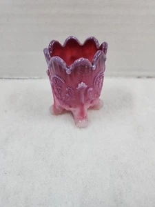 Inverted Fans & Feathers Dark Pink White Slag Glass Footed Toothpick Holder - Picture 1 of 5