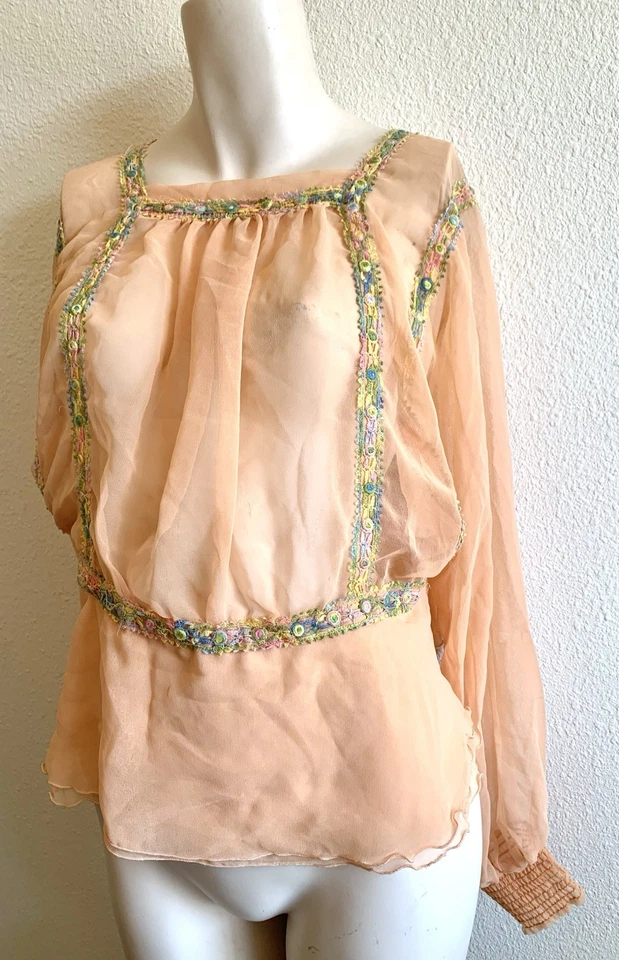 VTG Sheer PEACH NYLON w EMBROIDERY Layered TOP peplum designer sample DaNang M - Image 1 of 4