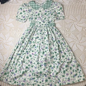 Vintage 1980s Rare Editions Girls 12 Years Muted Green Floral Gingham Midi Dress - Picture 1 of 6
