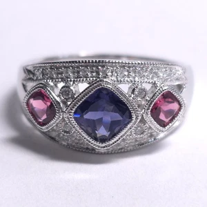 Michelle Albala Iolite, Pink Tourmaline & Diamond 14k White Gold Ring Size 9 - Picture 1 of 13