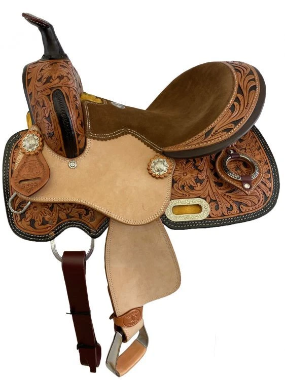 12" Double T Youth barrel style saddle with Two-Tone floral tooling - Image 1 of 1