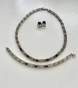 Greek Key Vintage Set Lapis Lazuli Necklace, Bracelet & Earrings Sterling Silver - Picture 1 of 12