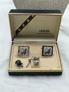 Vtg Swank Initial A Cufflinks Tie Tack Set White & Black Enamel & Box - Picture 1 of 6