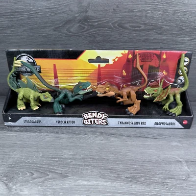 JURASSIC WORLD Mattel Bendy Biters Dinosaur Figures 4 Pack HDP25 New Toy Set - Image 1 of 4