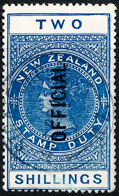 NZ, QV, LARGO TIPO FISCAL, 1898, 2/- AZUL, OFICIAL, USADO BIEN, CAT $675. Foto 1 de 2