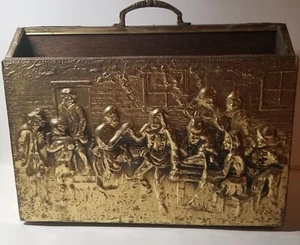 Porta riviste vintage in rame e legno martellato goffrato vecchia scena inglese - Foto 1 di 6