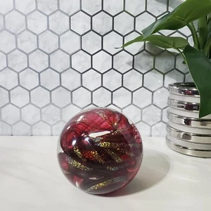 Burgundy and Gold Swirl Art Glass Sphere Paperweight Kahlen 2006 - Picture 1 of 19