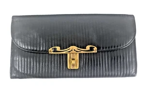 Black Leather Clutch Bag with Brass Decorations Soviet USSR Vintage - Picture 1 of 24