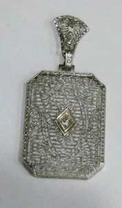 Vintage Deco Diamond 14k White Gold Filigree Pendent - Picture 1 of 8