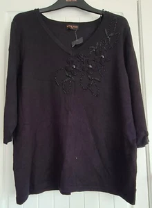 Ladies Black V Neck With Floral Bead Detail. Anna Rose, Size XXL (18) - Picture 1 of 3