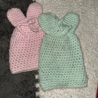 Pink and teal crocheted Easter bunny ￼eanies for ifant/toddler handmade - Image 1 of 3