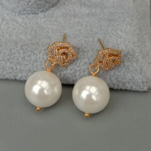 Sea Shell Pearl Dangle cubic zirconia pave Stud Earrings Fashion Women Jewelry - Picture 1 of 4
