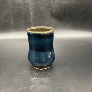 Art Pottery Stoneware Dark Blue Drip Glaze Tumbler signed - Picture 1 of 3