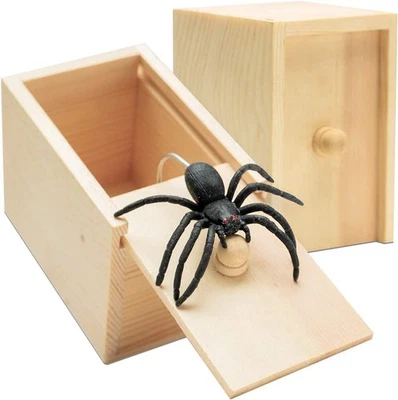 Broma de madera araña caja de miedo oculta en estuche truco juego broma caja de miedo mordaza juguete--- Foto 1 de 4