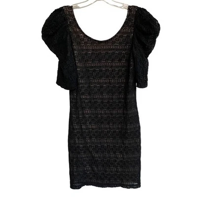 DKNY Puff Sleeve Black Lace Nude Straight Pencil Glam Mini Cocktail Dress- 6 NWT - Image 1 of 4