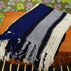Long Stripy Tasselled Knitted Blue Blanket Bedspread Throw - Picture 1 of 10