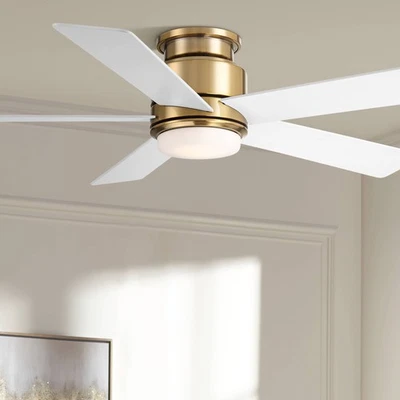 52" Casa Vieja Grand Palm Soft Brass LED Damp Rated Hugger Fan - Image 1 of 4