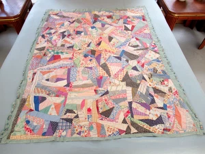 Vintage Machine Sewn Feed Sack CRAZY Quilt w/ Popeye & Olive Oyl Flannel Backing - Picture 1 of 23