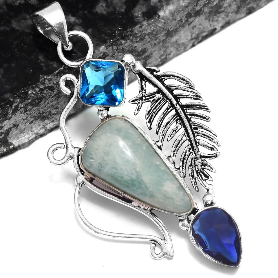 Amazonite Blue Topaz Ethnic Handmade  Pendant Jewelry 1.8" P-655 Foto 1 de 1