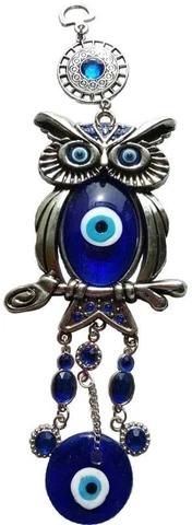 Guardian Owl Evil Eye Beaded Wall Hanging 10" Length Pewter & Blue Glass Decor Cover