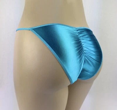 Satin String Bikini Scrunch Butt 3/4 Ruching Light Blue L - Image 1 of 4