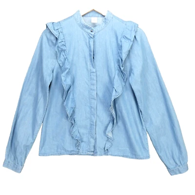 HM Denim Shirt Ruffle Top Buttons Bohemian Long Sleeve Womens Size UK 10 EUR 38 - Image 1 of 4