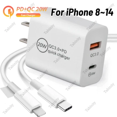 USB C Fast Wall Charger 20W PD Type C Adapter Cable For iPhone 14/13/12/11/X/XR - Image 1 of 4
