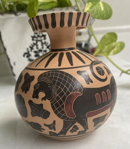 Reproduction Ancient Pottery vase one handle, hand painted etched Lion Swan PG03 - Picture 1 of 7