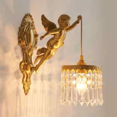 Vintage Style Copper Angel Hanging Crystal Wall Lamp Entrance Bedside Lighting