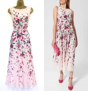 Hobbs Occasion Dress UK 14 Immaculate Carly Pink Green Chiffon Lined Fit & Flare - Picture 1 of 13
