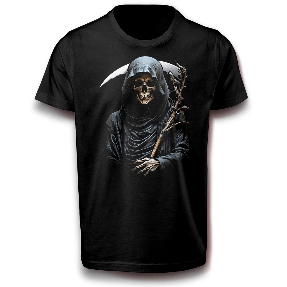 Schwarzes T-Shirt Gothic Sensenmann mit Sense - Unisex Streetwear Dark Art - Bild 1 von 4