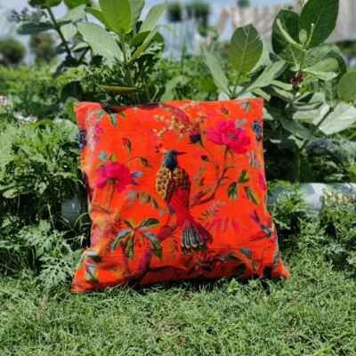 Orange Velvet bird JAYPURI Cushion Pillow Throw Ethnic Indian Handmade Cover 1PC - Image 1 of 2