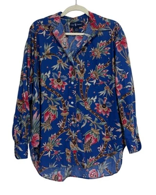 Camisa Ralph Lauren Top Abotonada Azul Floral Paisley Algodón Vintage Mujer Talla 10 Foto 1 de 4