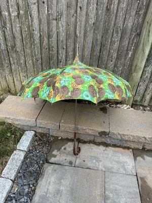 Sombrilla antigua vintage con flores florales marrón amarillo azul verde Foto 1 de 4