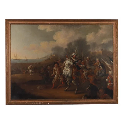 Tableau Ancien Scène de Bataille Huile sur Toile XVIIIe Siècle - Photo 1/4