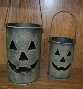 Metal Jack O Lantern Candle Pail Bucket Set of 2 Decor Halloween - Picture 1 of 4