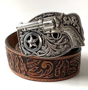 Justin C30124 Brown Leather Lil Trigger Silver Buckle Adjustable Belt Kids Sz 28 - Picture 1 of 7
