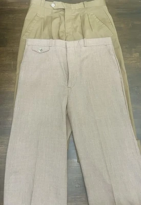 (2) Mens Dress Pants Pleated L High Rise Tan Flat Front Sand Waist 29 Vintage 80 - Image 1 of 4