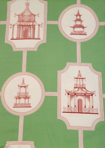 Tissu imprimé chinoiserie jardin pagode asiatique Thibaut 2,66 yds vert PLS LIRE