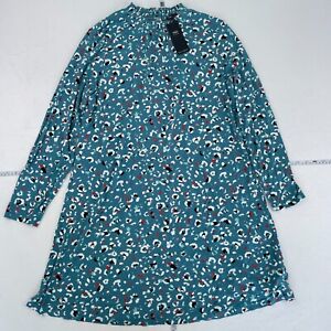 M&S Dress 18 Teal Leopard Print Long Sleeve Knee Length Round Neck Stretch