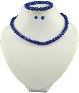 8mm Blue Shell Pearl Round Beads Necklace Earrings Bracelet Set - Picture 1 of 2