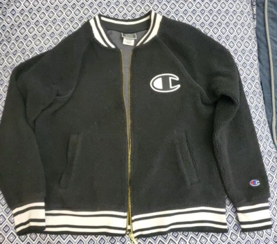 Champion Life Full Zip Fleece Jacket Women's L Black Sherpa Varsity Bomber - Image 1 of 4