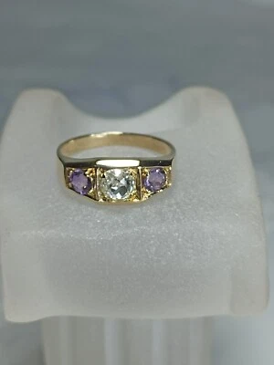 bague ancienne or 18 carats Diamants De 0.65cts Épaulé D'améthyste - Photo 1/4