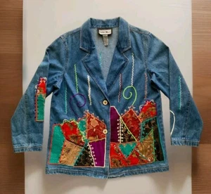 VTG INDIGO MOON Denim Jeans Patchwork Embroidered Jacket Blazer Women’s Sz M - Picture 1 of 12