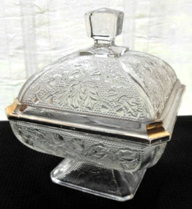 Jeannette Glass Clear & Gold Decorated Acorn & Oak Leaf Footed Candy Box & Cover - Picture 1 of 7