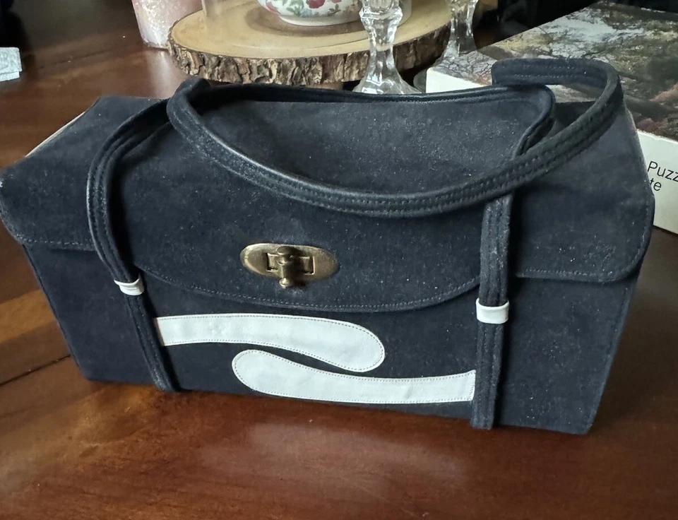 Cartera Stylecraft Miami vintage azul gamuza blanca bordada y espejo años 50 Foto 1 de 4